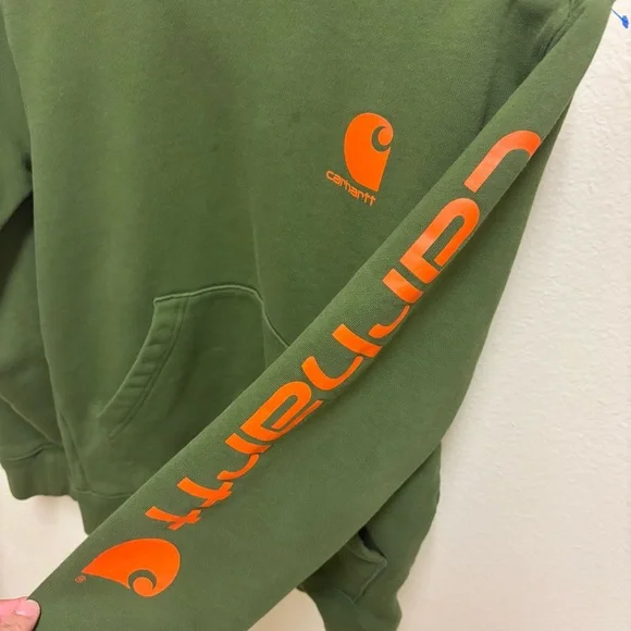 EUC Boys Carhartt Graphic Pullover Hoodie Chive Fleece Long Sleeve 14-16 Outdoor - Picture 4 of 10